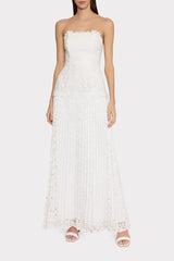 Norelle Strapless Mixed Laces Pleated Maxi Dress - White