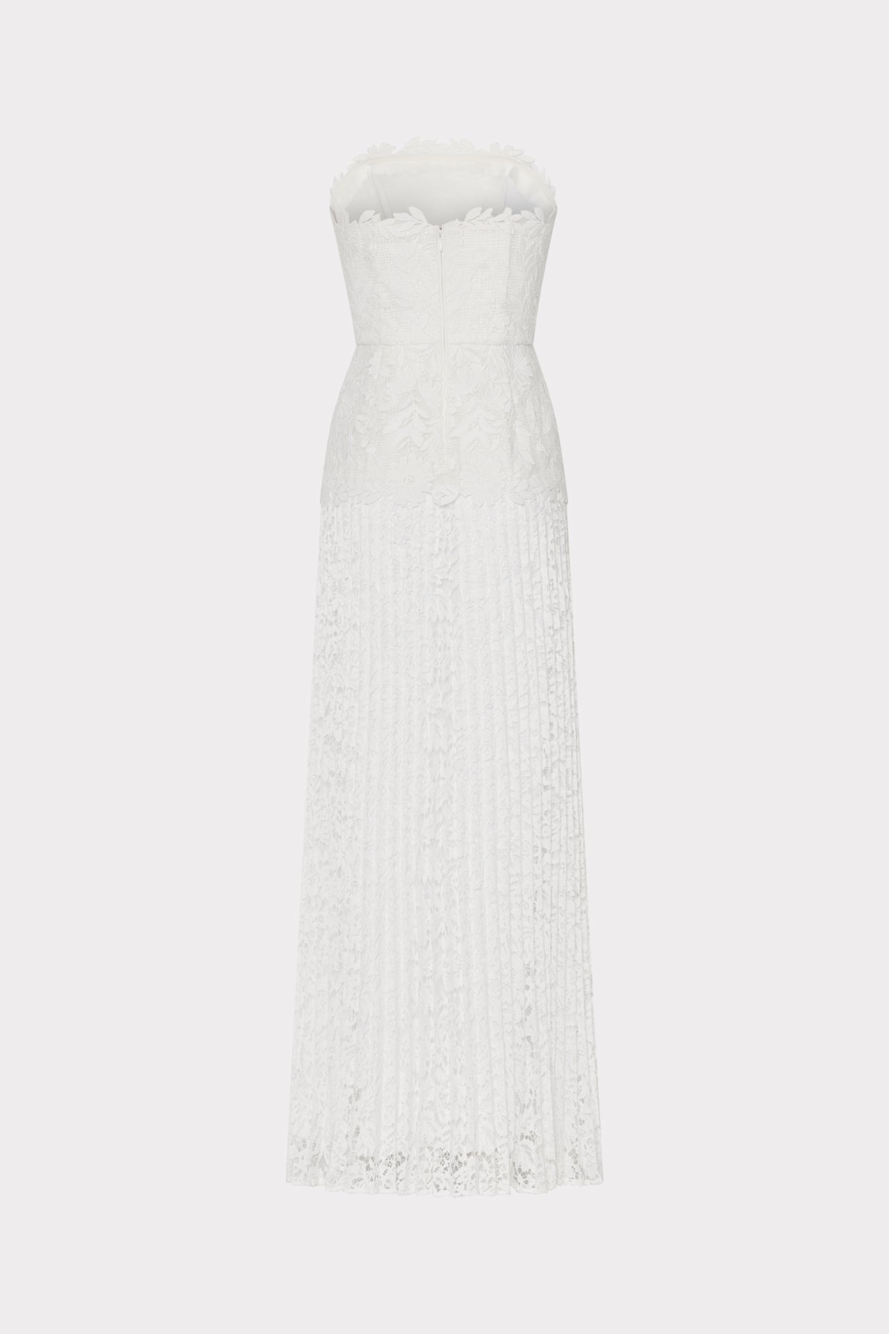 Norelle Strapless Mixed Laces Pleated Maxi Dress - White