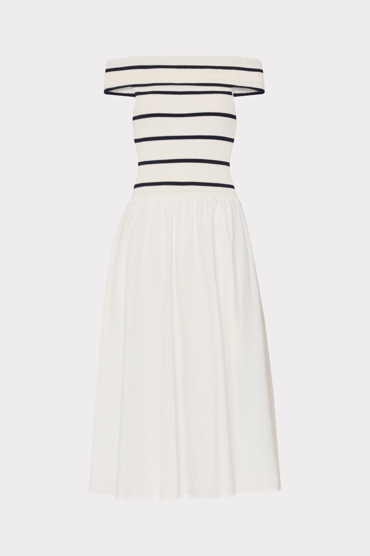 Off The Shoulder Stripe Knit Poplin Midi Dress - Ecru/Navy
