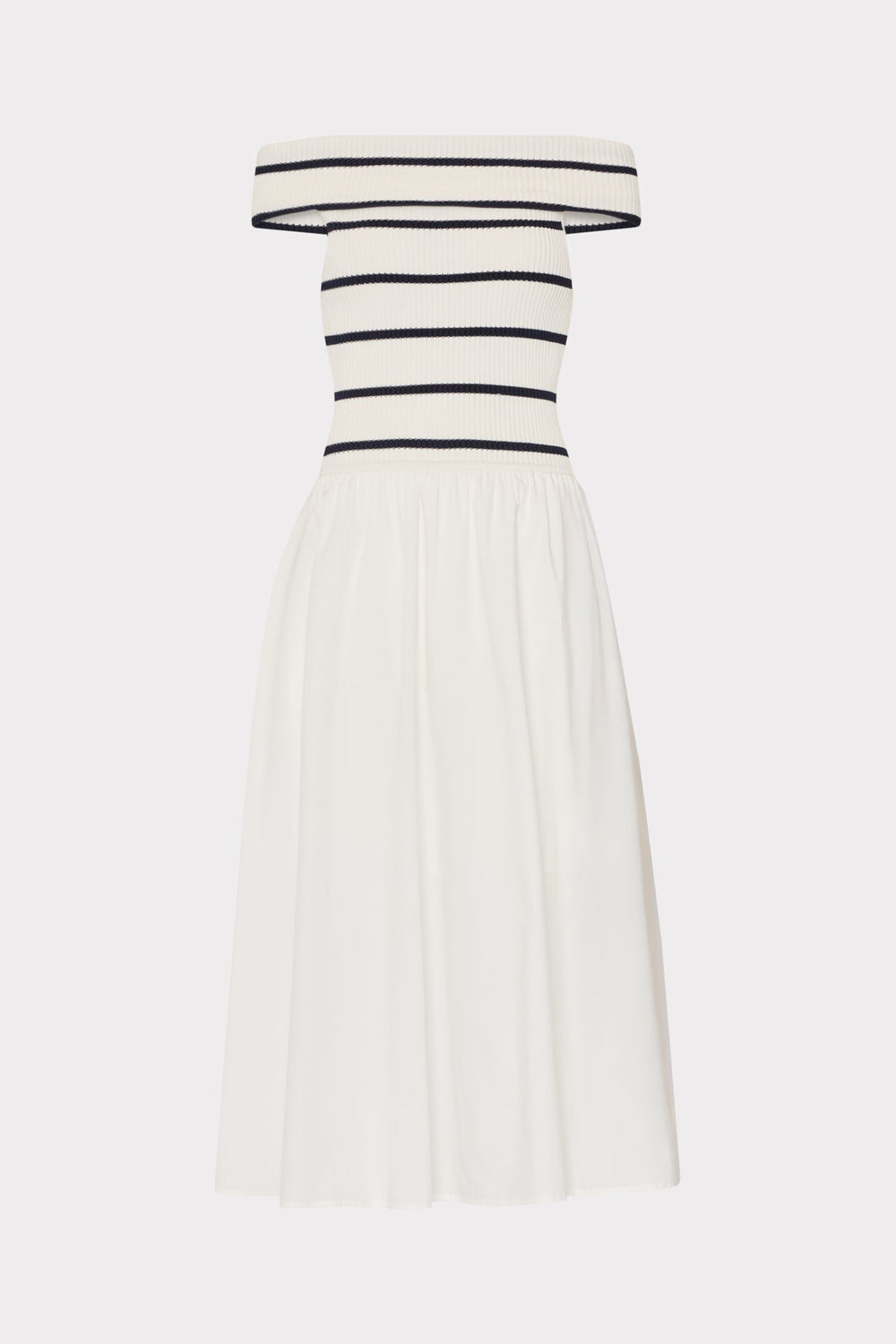 Off The Shoulder Stripe Knit Poplin Midi Dress - Ecru/Navy