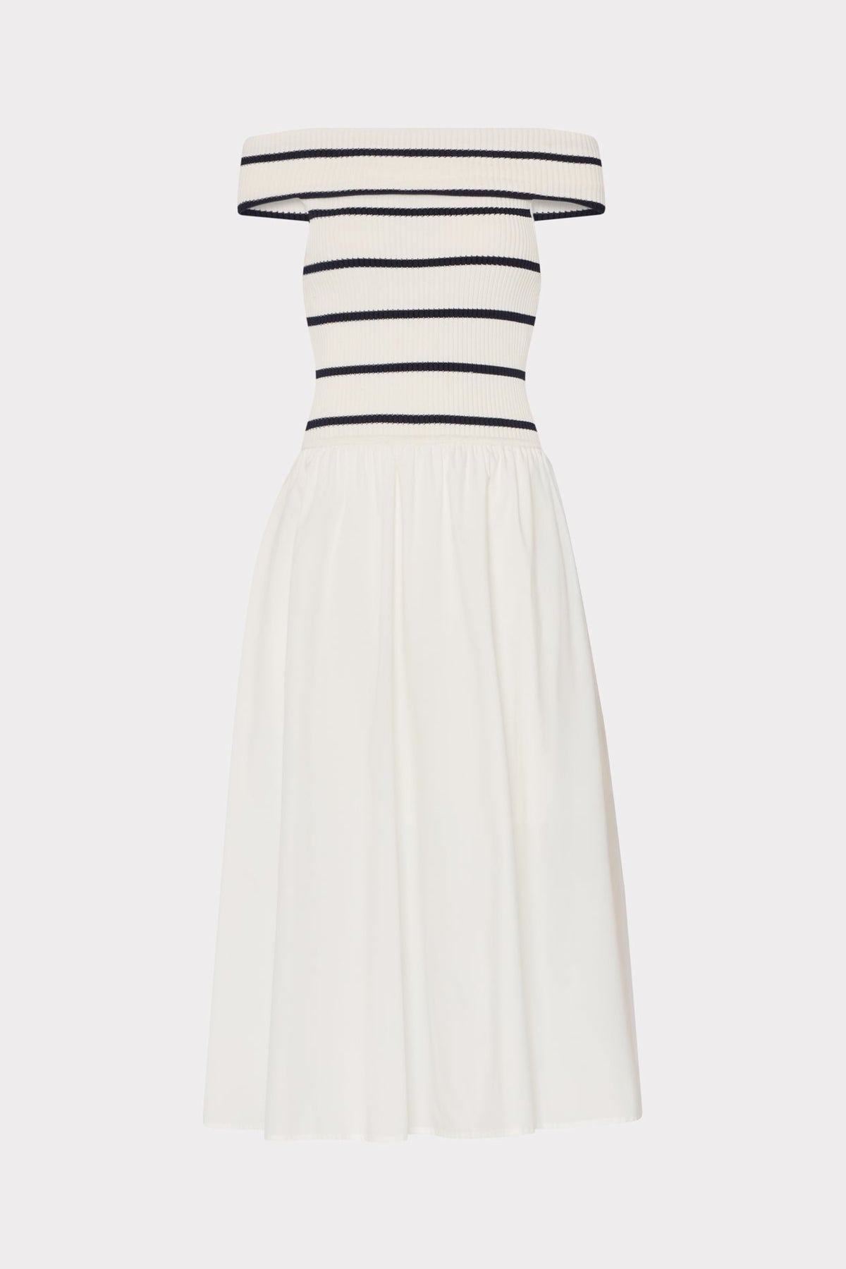 Off The Shoulder Stripe Knit Poplin Midi Dress - Ecru/Navy