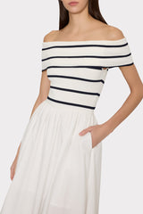 Off The Shoulder Stripe Knit Poplin Midi Dress - Ecru/Navy