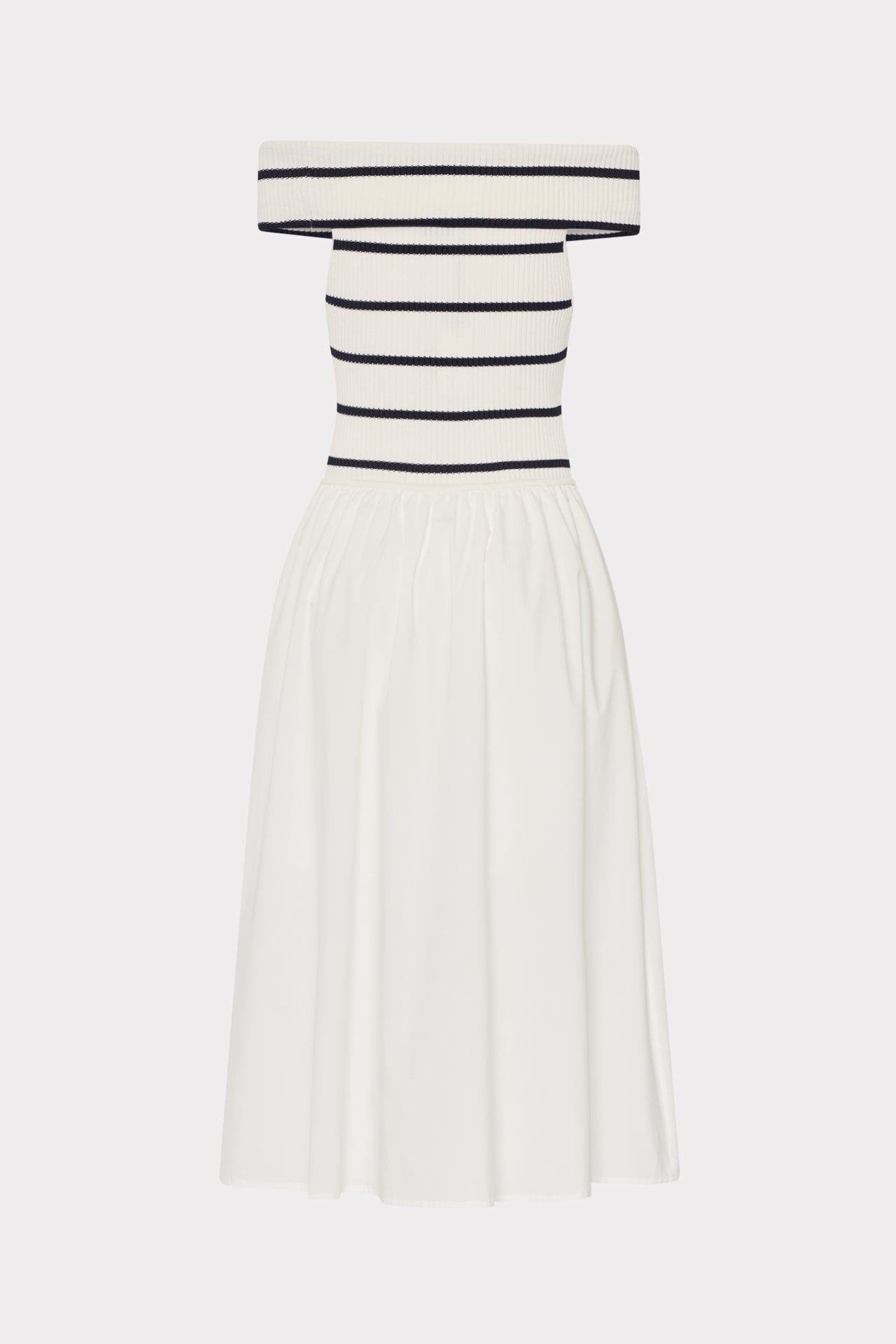 Off The Shoulder Stripe Knit Poplin Midi Dress - Ecru/Navy