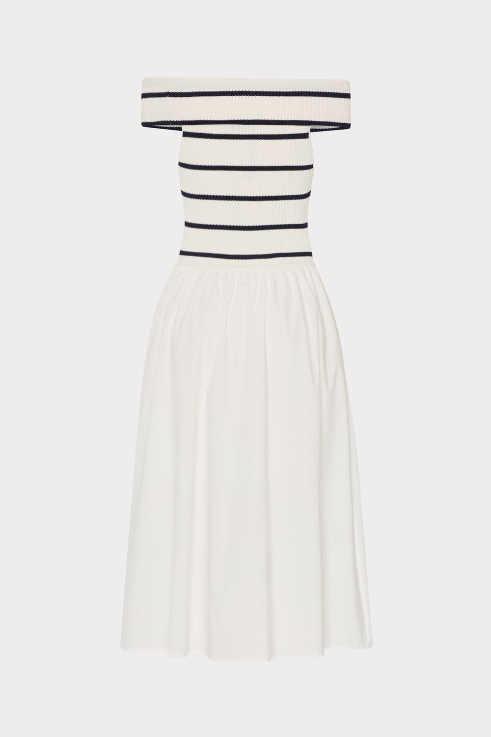 Off The Shoulder Stripe Knit Poplin Midi Dress - Ecru/Navy