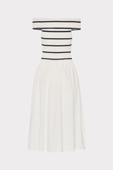 Off The Shoulder Stripe Knit Poplin Midi Dress - Ecru/Navy