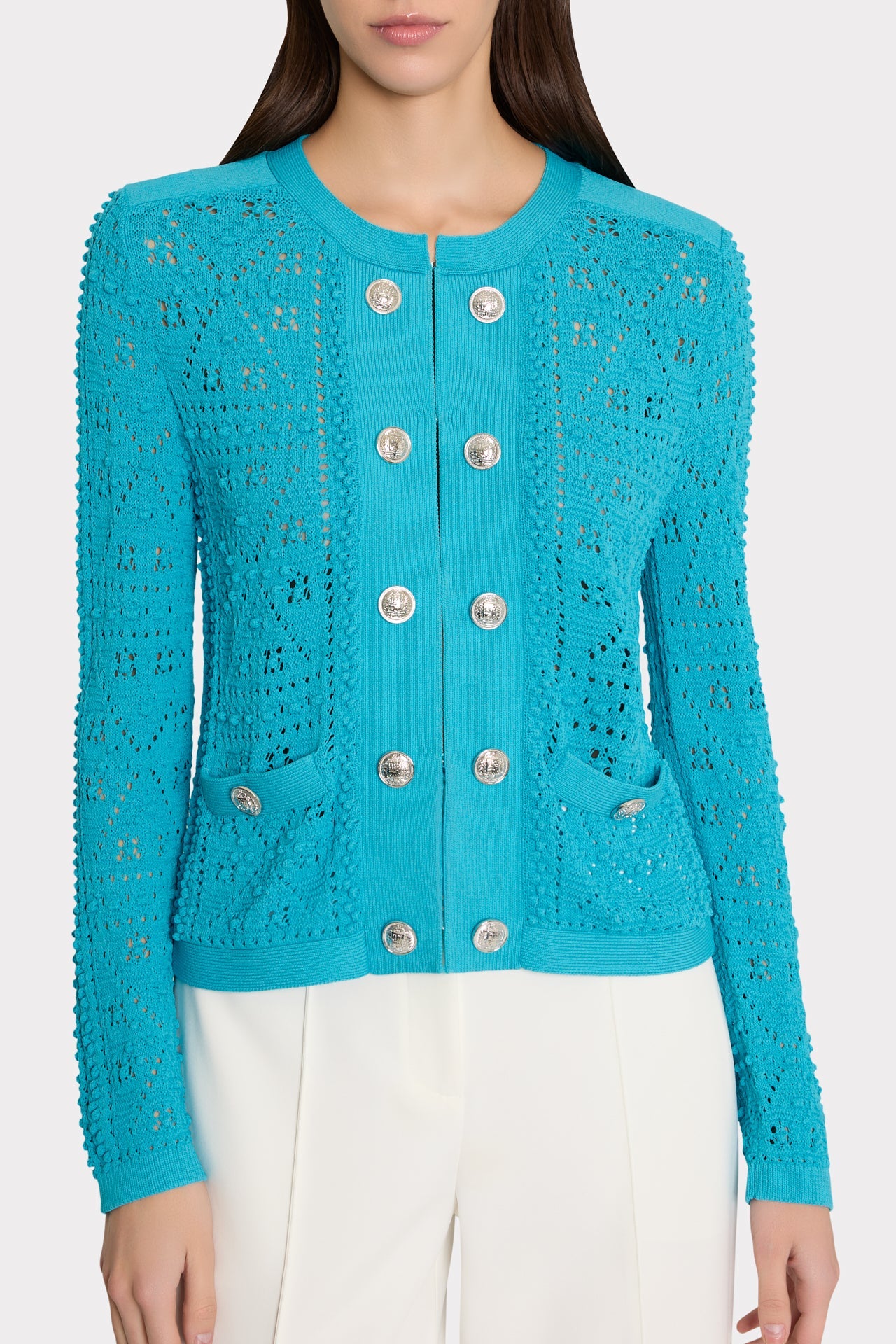 Bubble Pointelle Knit Jacket - Bright Blue