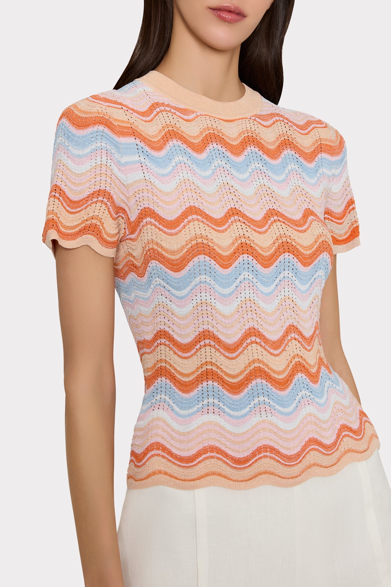 Scallop Wave Short Sleeve Top - Coral Pink Multi