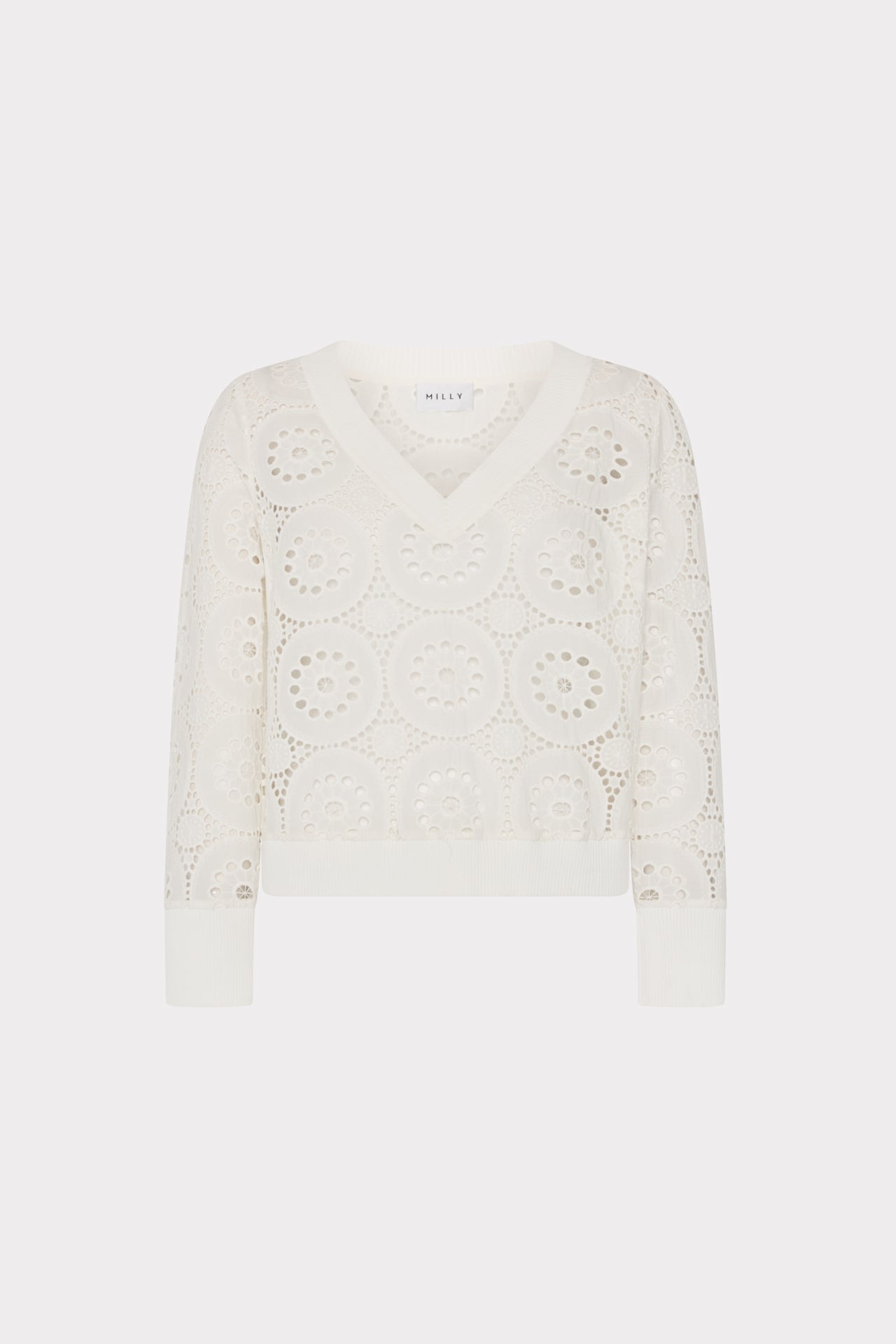 V-Neck Embroidery Knit Detail Top - Ecru