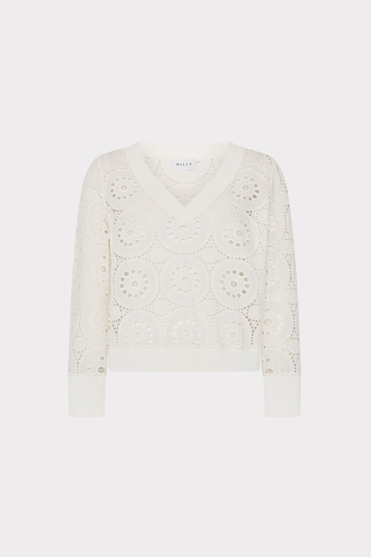 V-Neck Embroidery Knit Detail Top - Ecru
