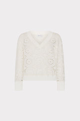 V-Neck Embroidery Knit Detail Top - Ecru