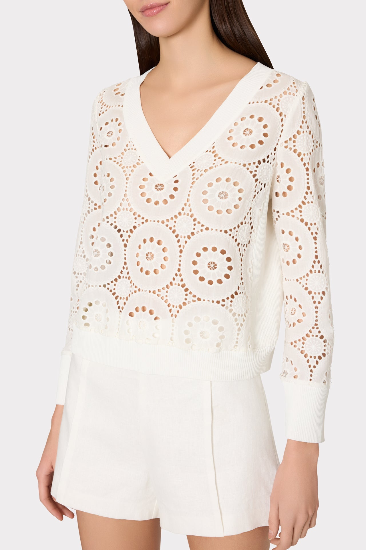V-Neck Embroidery Knit Detail Top - Ecru