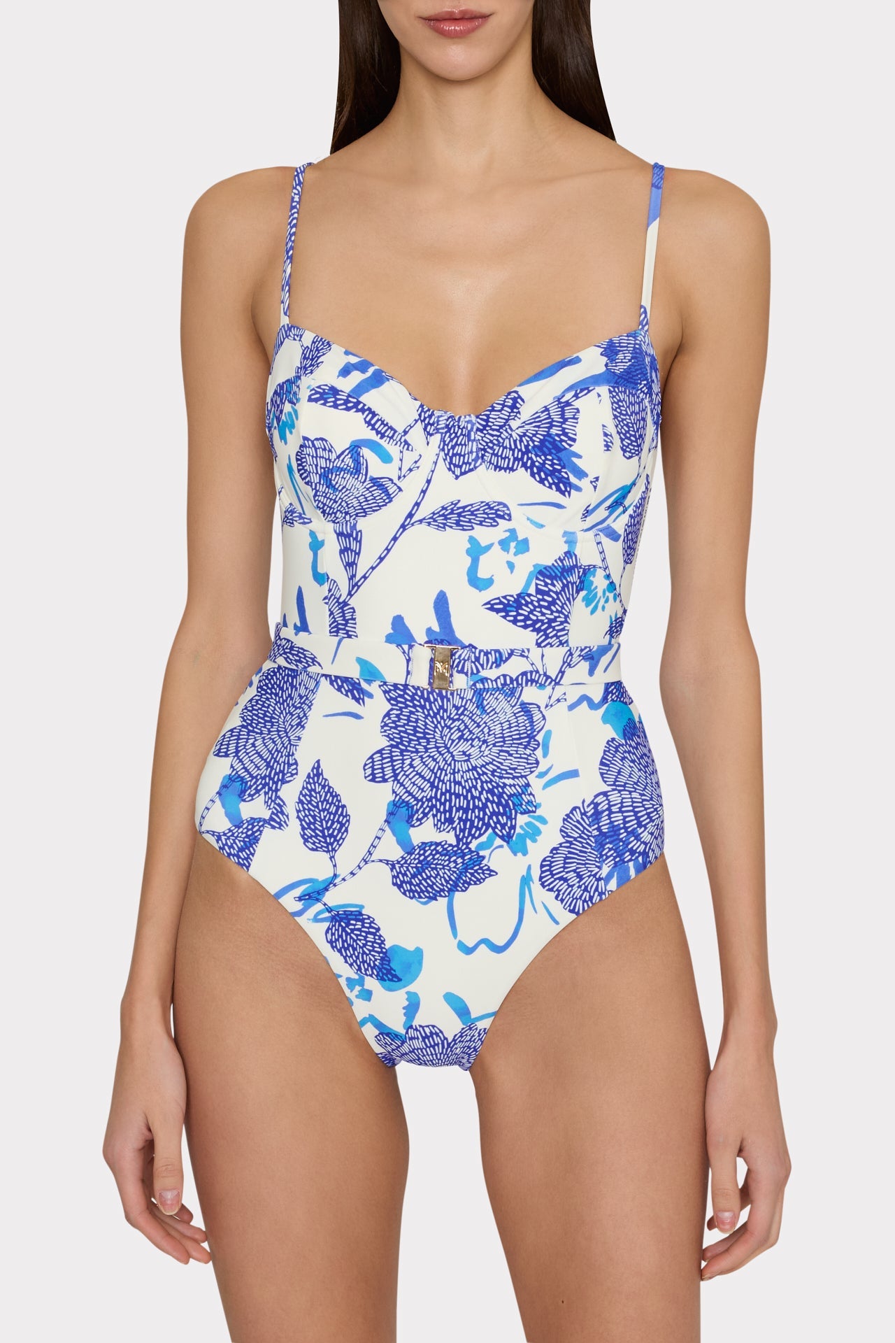 Brushwork Floral Belted One Piece - Blue Multi