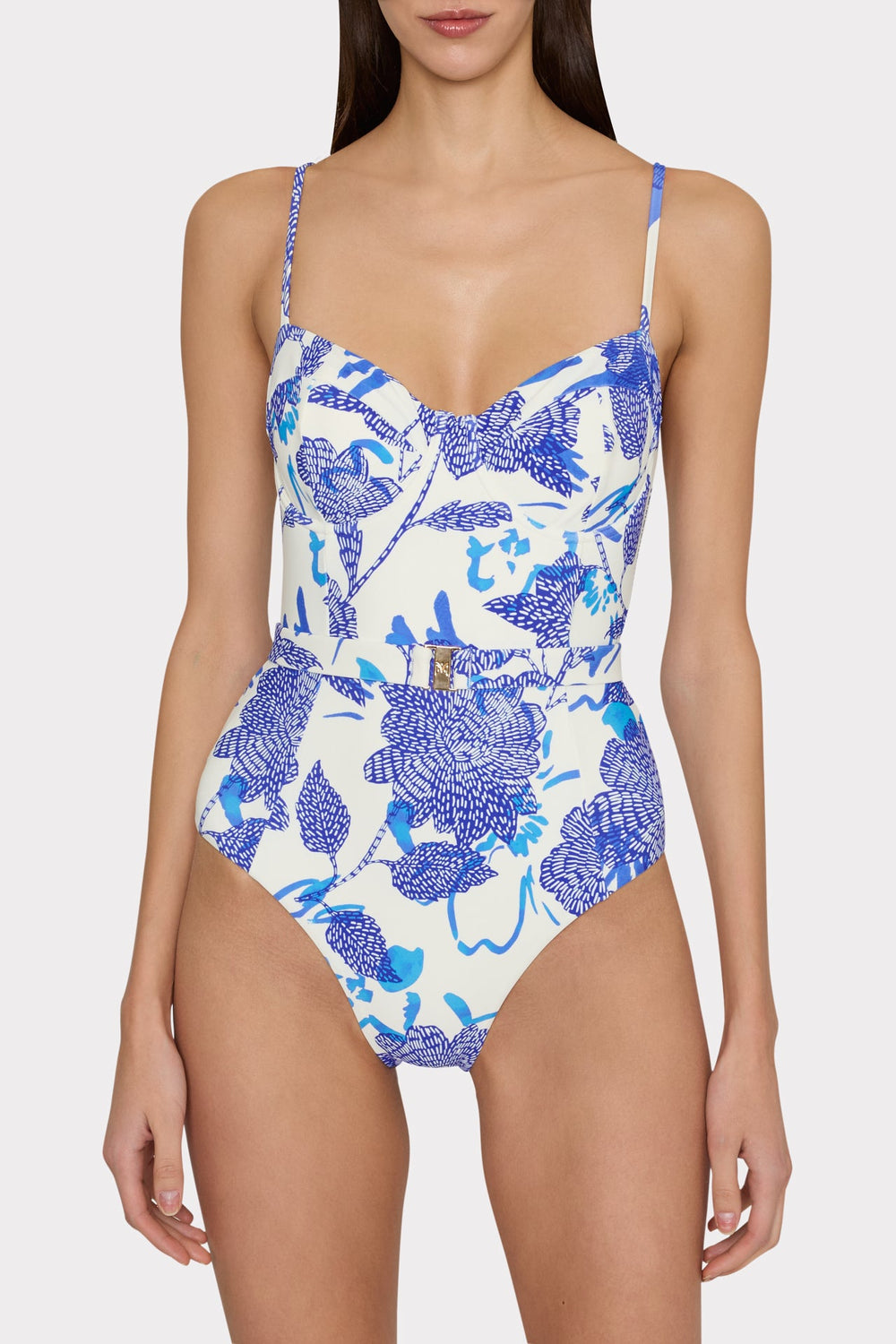 Brushwork Floral Belted One Piece - Blue Multi
