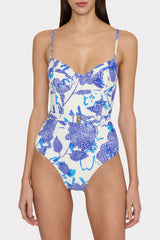 Brushwork Floral Belted One Piece - Blue Multi