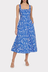 Nia Blue Rose Poplin Midi Dress - Blue/White