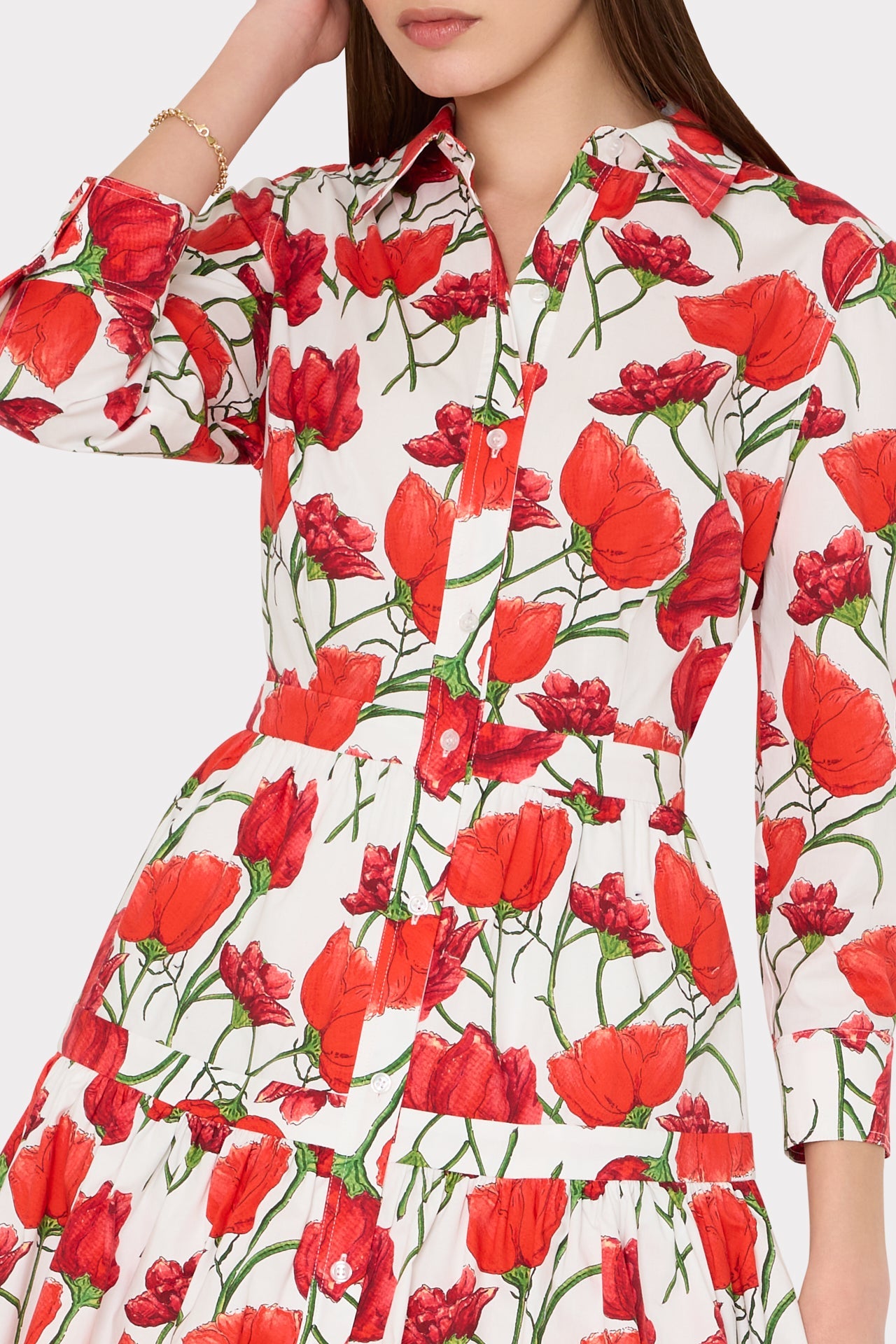 Priscilla Red Peonia Poplin Shirt Dress - Red Multi