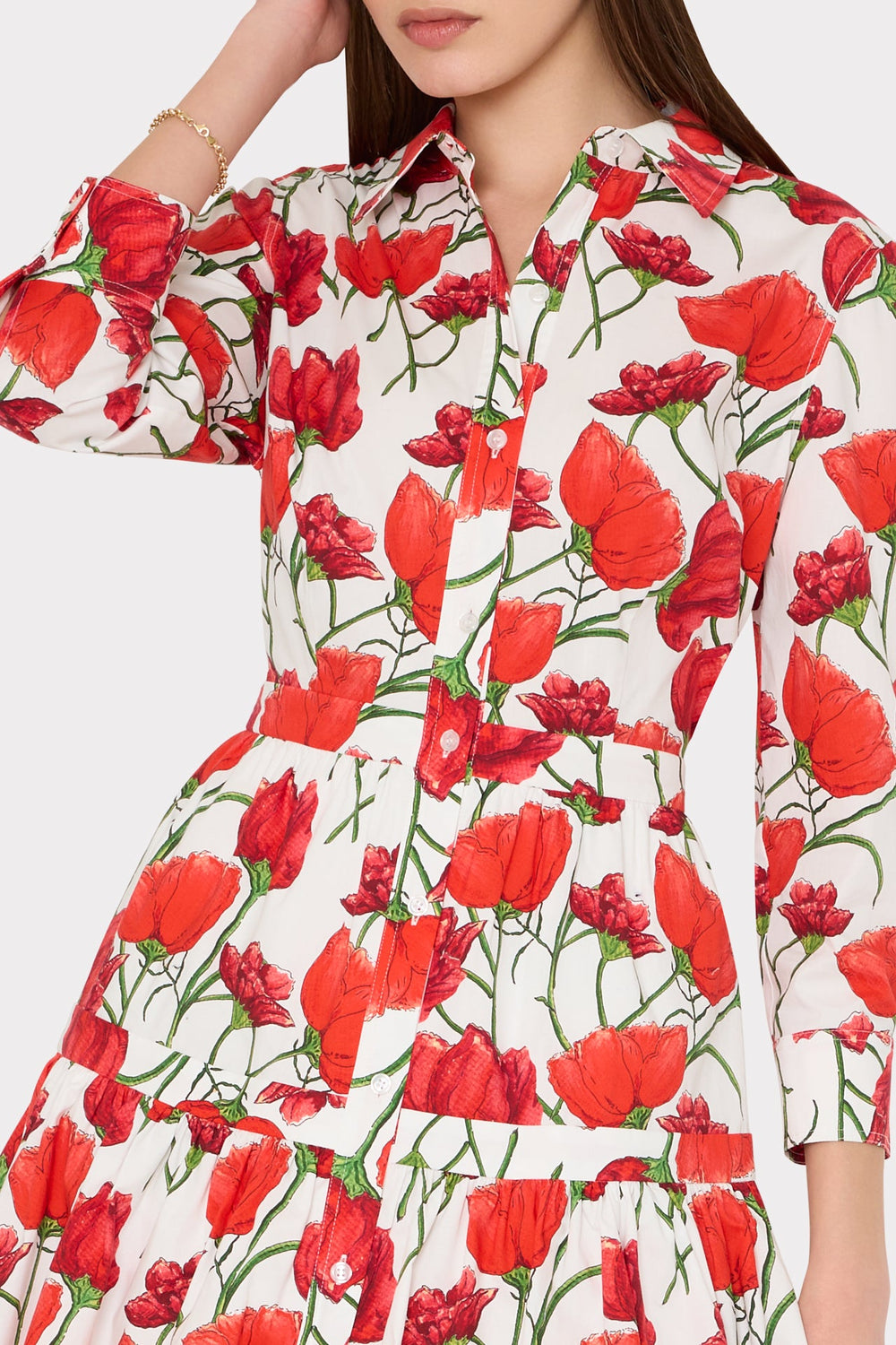 Priscilla Red Peonia Poplin Shirt Dress - Red Multi