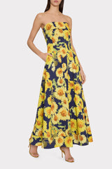 Palmer Sunflower Poplin Strapless Maxi Dress - Navy Multi