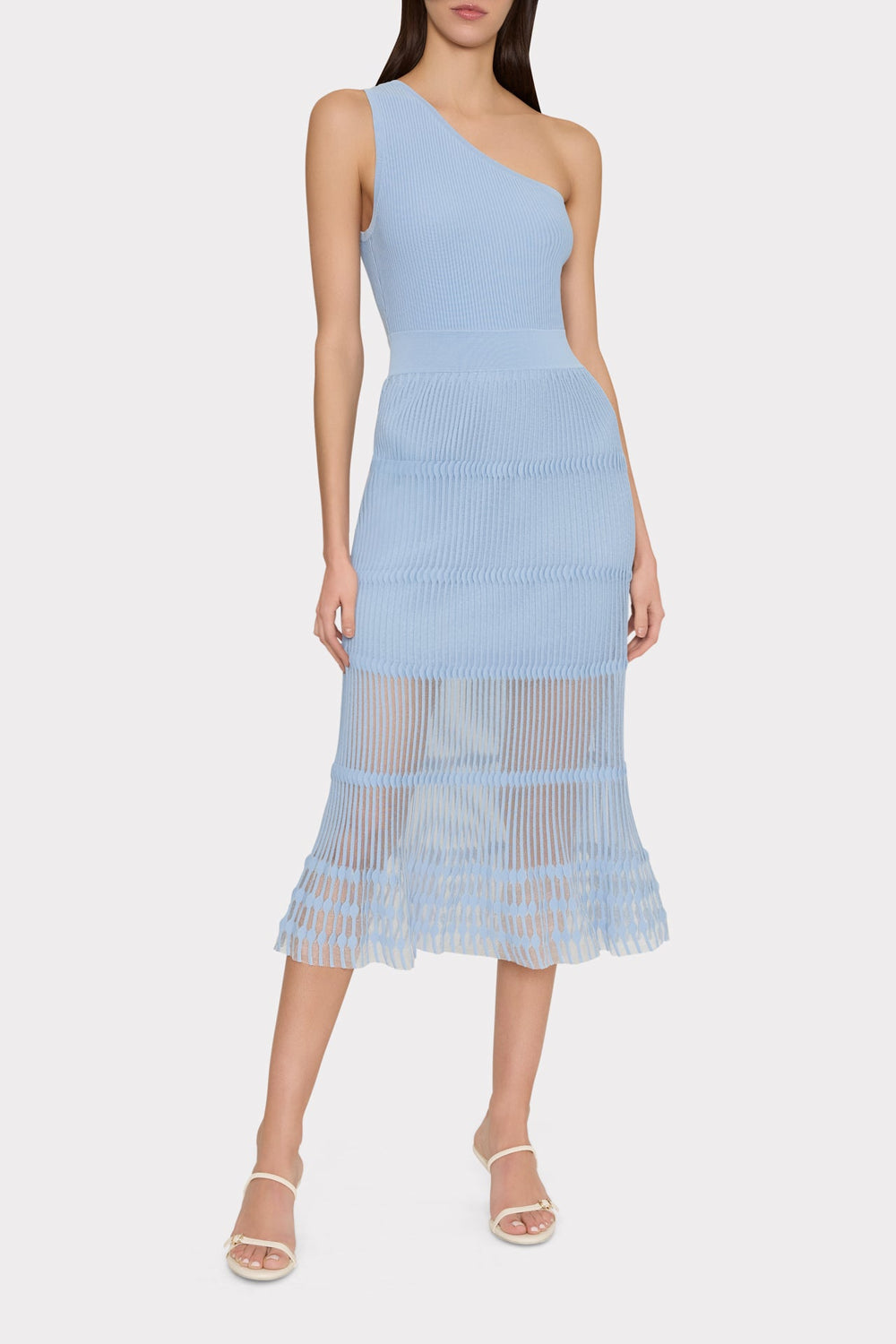One Shoulder Sheer Knit Midi Dress - Light Blue