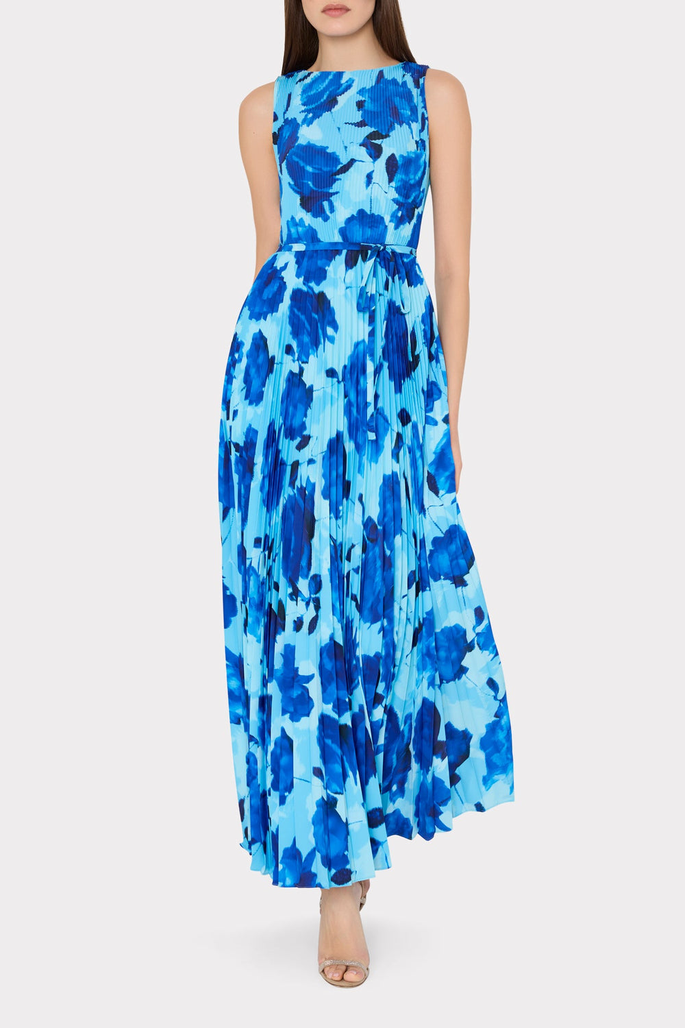 Jasmine Blurred Blossom Pleated Maxi Dress - Blue Multi