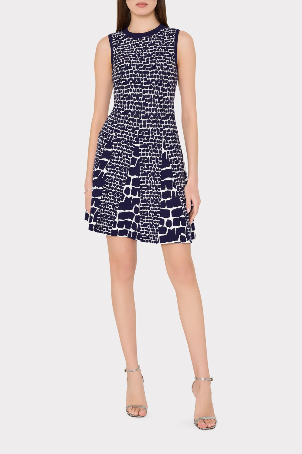 Tile Wave Jacquard Knit Mini Dress - Navy/Ecru