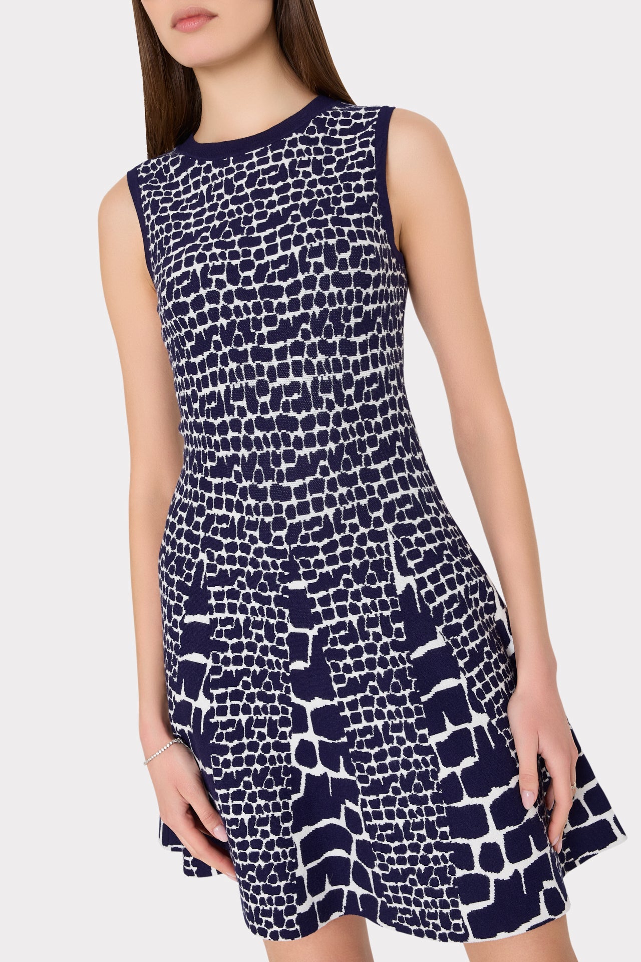 Tile Wave Jacquard Knit Mini Dress - Navy/Ecru
