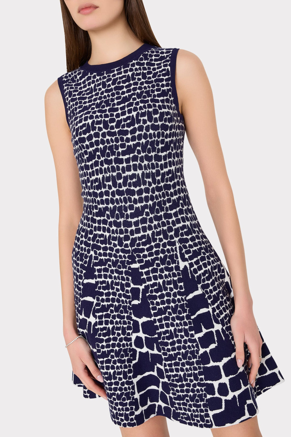 Tile Wave Jacquard Knit Mini Dress - Navy/Ecru